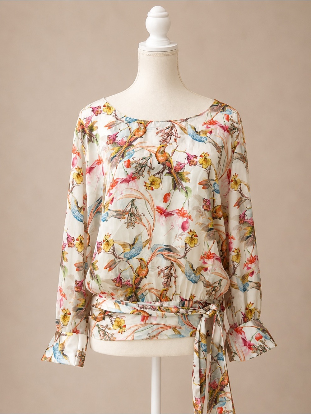 DiKa Botanical Bird Print Long Sleeve Blouse Size 12 Whimsigoth Cottagecore